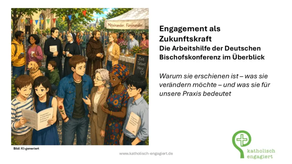 Das Bild zeigt uf der linken Seite ein KI-generiertes Bild auf dem sehr viele Menschen abgebildet sind, die miteinander im Gespräch sin. An einem Infozeltz steht die Aufschrift: "Miteinander. Füreinander.". Rechts auf dem Bild steh der Text: "Engagement als Zukunftskraft. Die Arbeitshilfe der deutschen Bischofskonferenz im Überblick. Warum sie erschienen ist - was sie verändern möchte - und was sie für unsere Praxis bedeutet." Dann folgt das Logo von katholisch-engagiert.